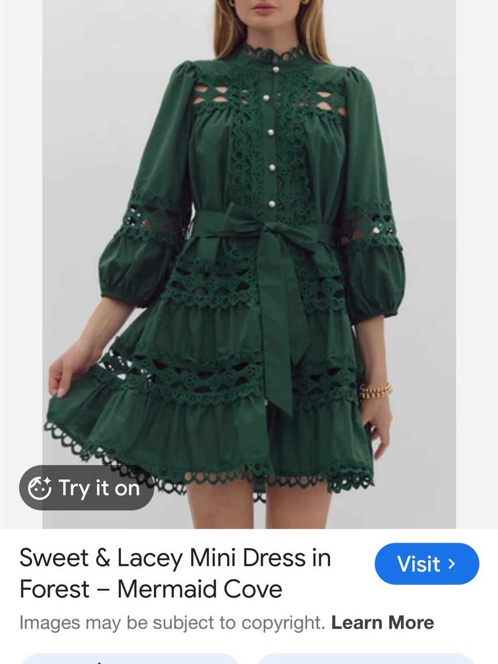 ENTRO Green Long Sleeve Lace-Trim pearl Button Front Dress - Picture 7 of 10